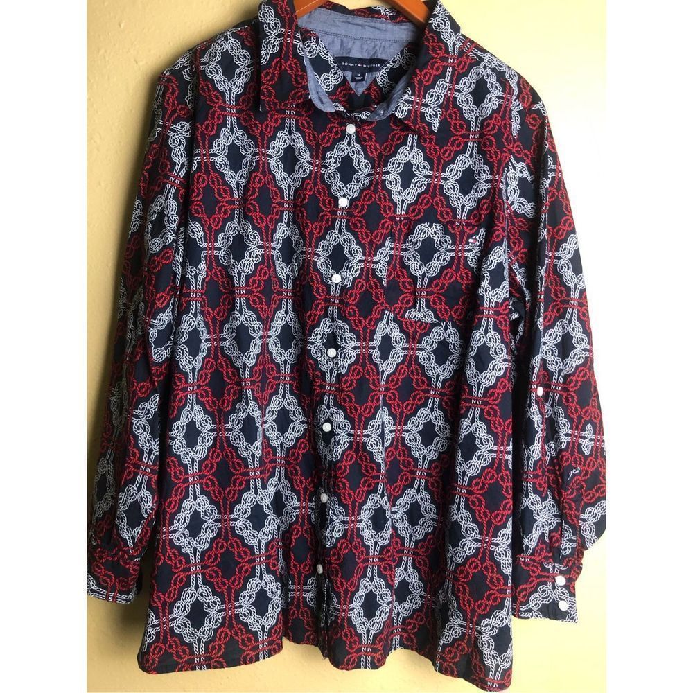 TOMMY HILFIGER Navy w/ Red & White Knotted Rope Print Tabbed Sleeve Shirt Sz 1X - Picture 1 of 13